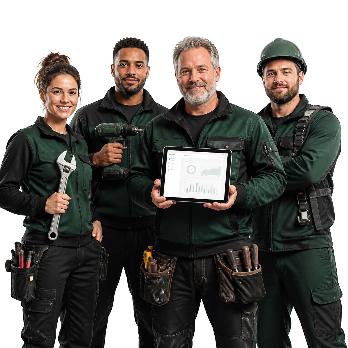Quatre artisans en tenue de travail, dont un tenant une tablette avec ArtisanFlow